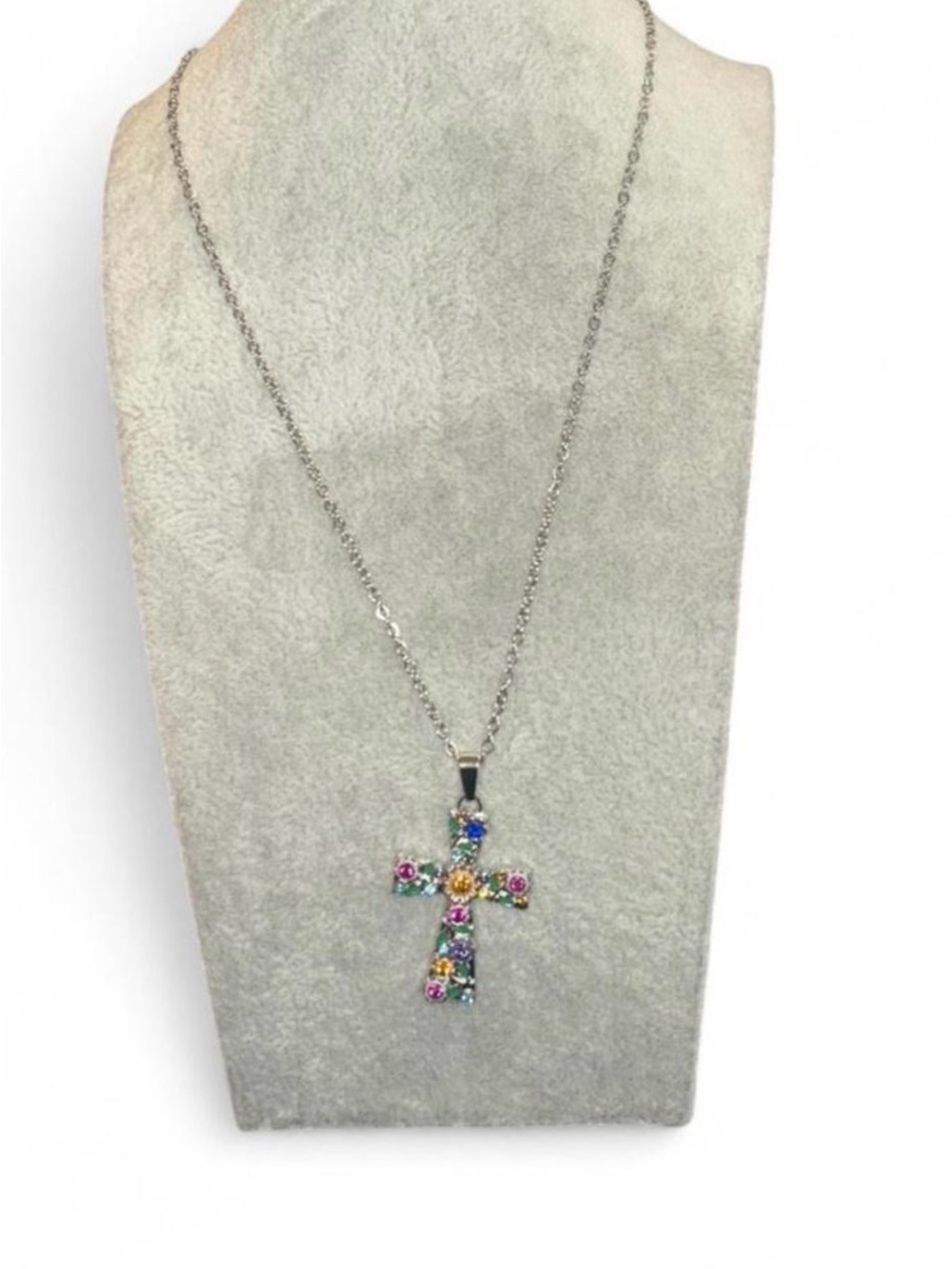 Silver Cross Necklace with Multicolor Gem Accents